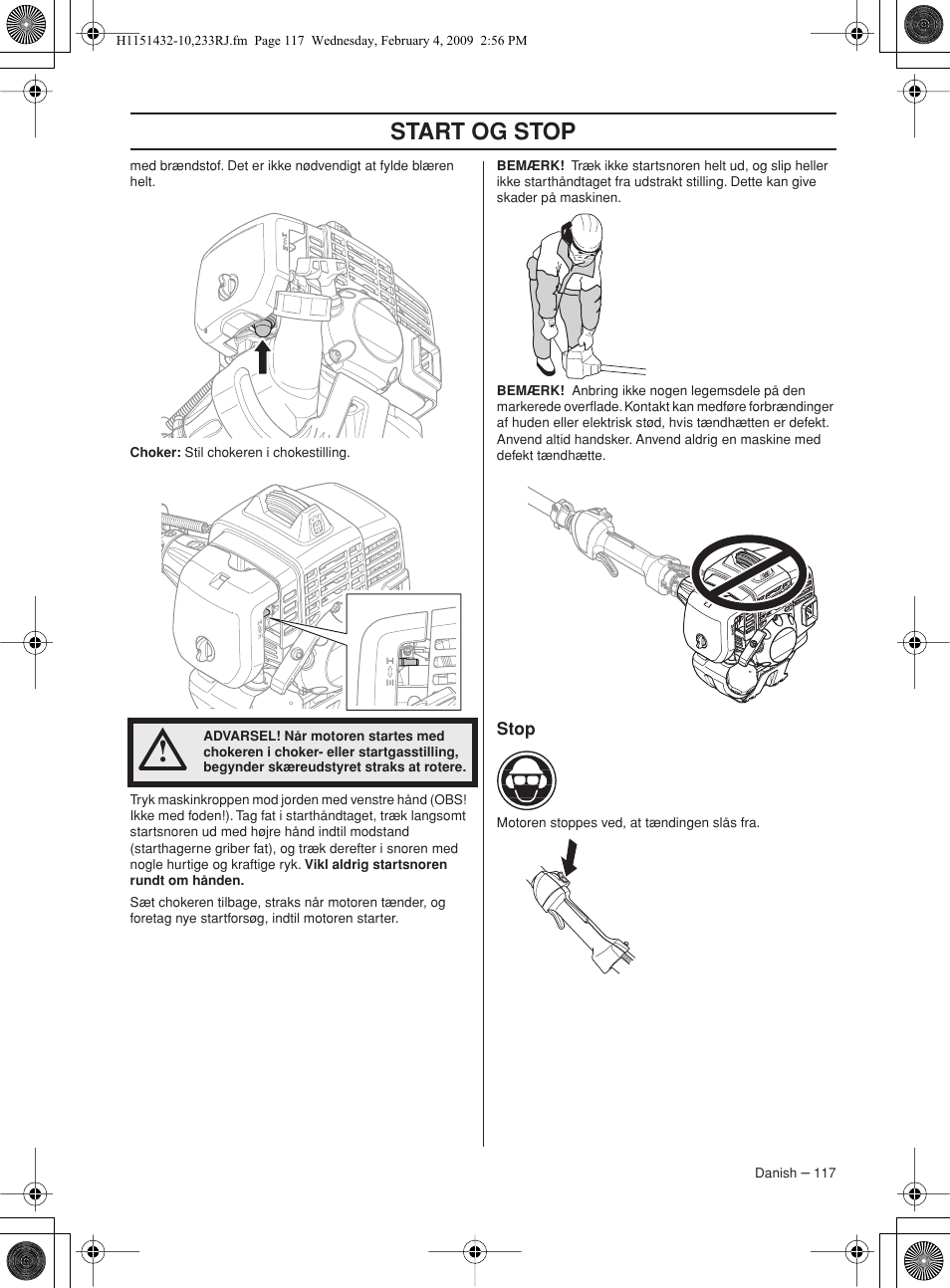 Stop, Start og stop | Husqvarna 233RJ User Manual | Page 117 / 212