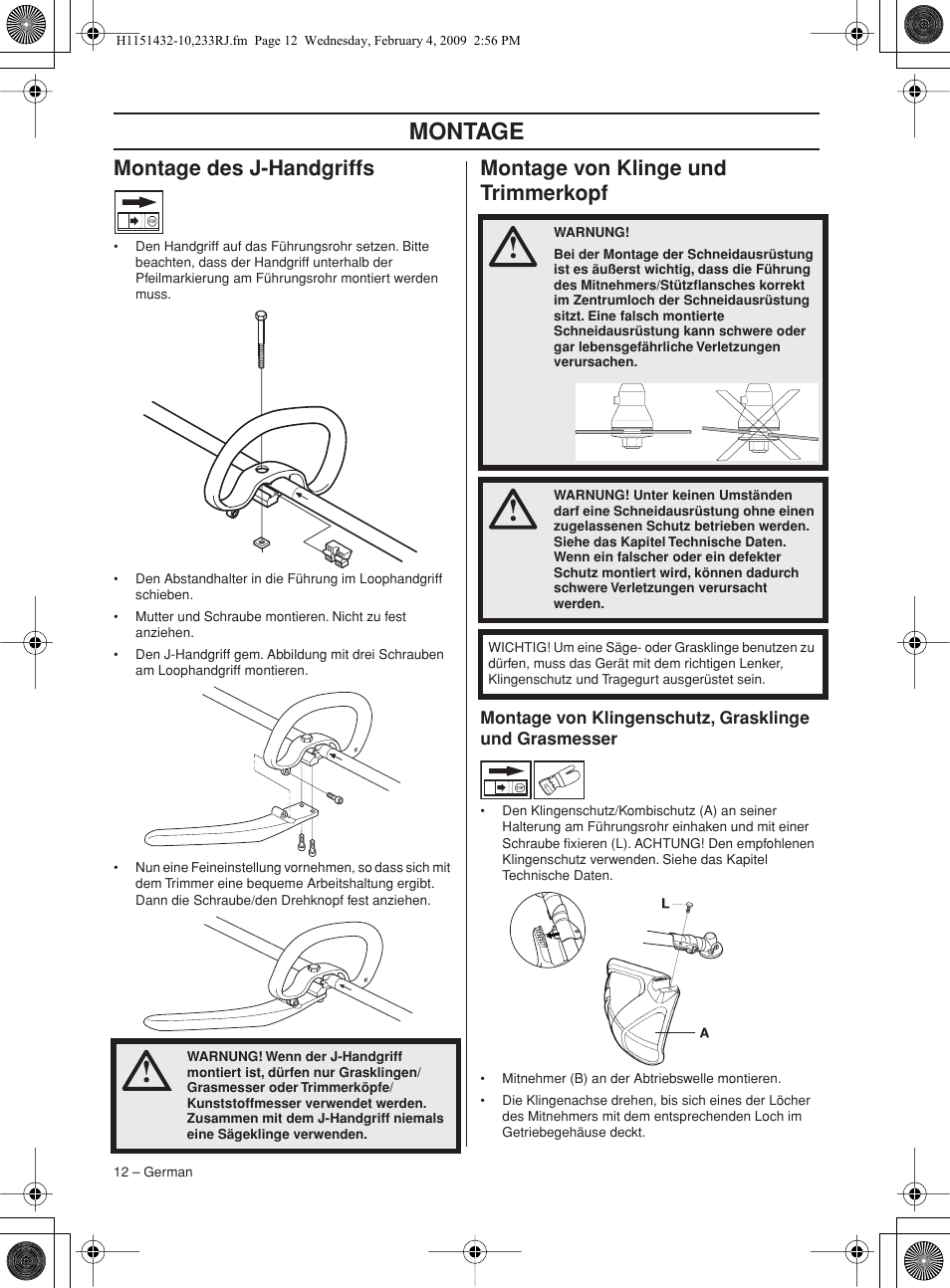 Montage des j-handgriffs, Montage von klinge und trimmerkopf, Montage | Husqvarna 233RJ User Manual | Page 12 / 212
