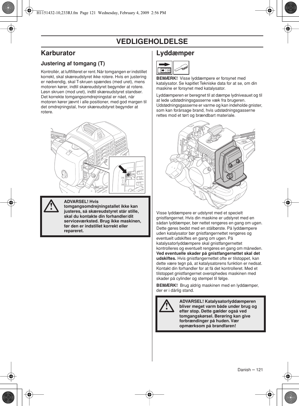 Karburator, Justering af tomgang (t), Lyddæmper | Vedligeholdelse | Husqvarna 233RJ User Manual | Page 121 / 212