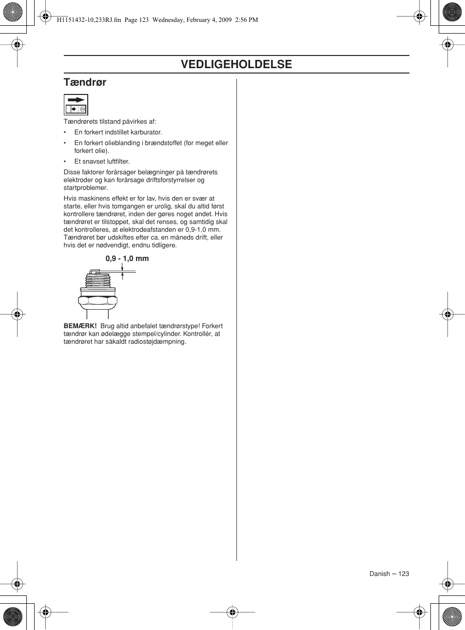 Tændrør, Vedligeholdelse | Husqvarna 233RJ User Manual | Page 123 / 212