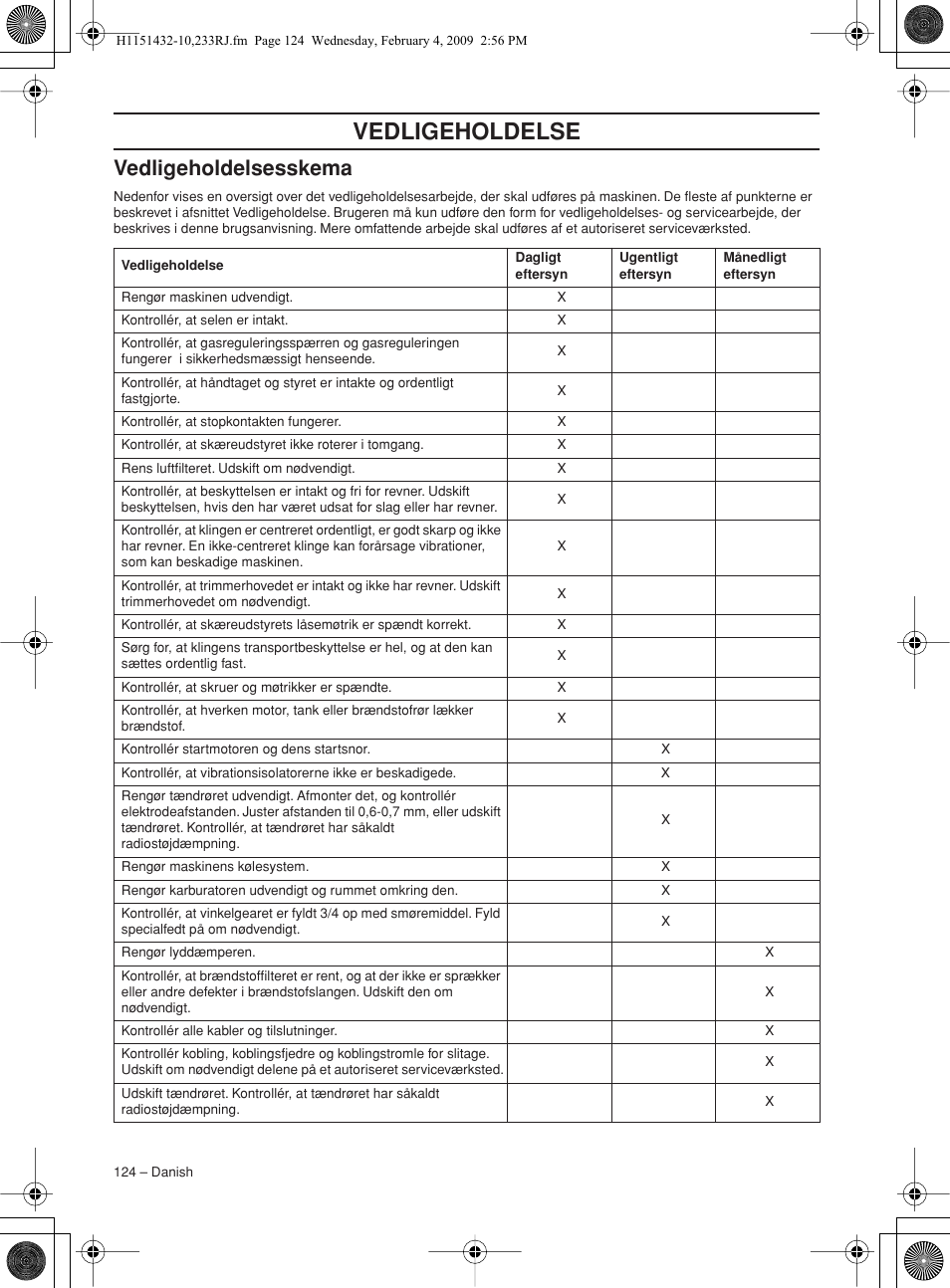 Vedligeholdelsesskema, Vedligeholdelse | Husqvarna 233RJ User Manual | Page 124 / 212