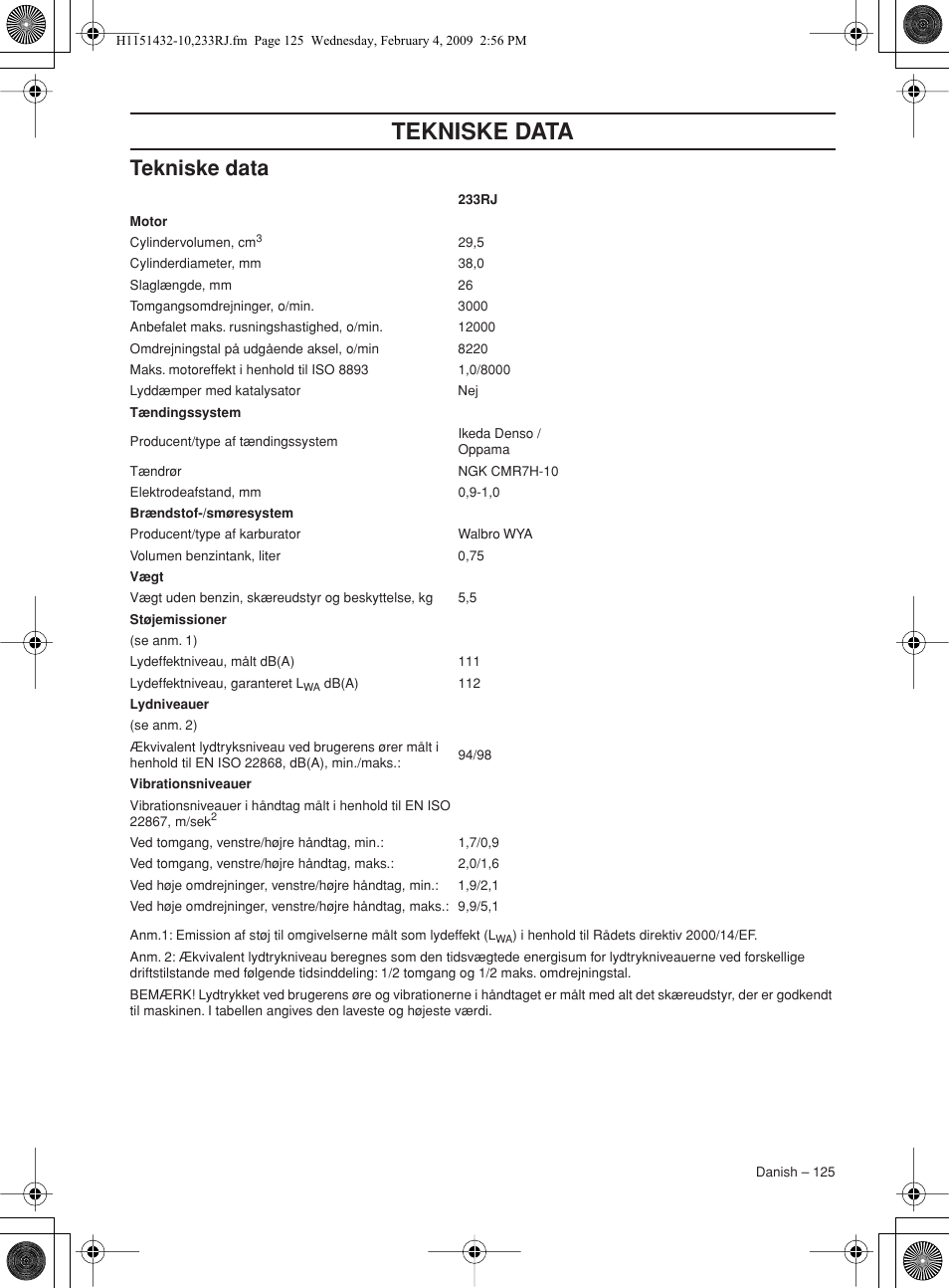 Tekniske data | Husqvarna 233RJ User Manual | Page 125 / 212