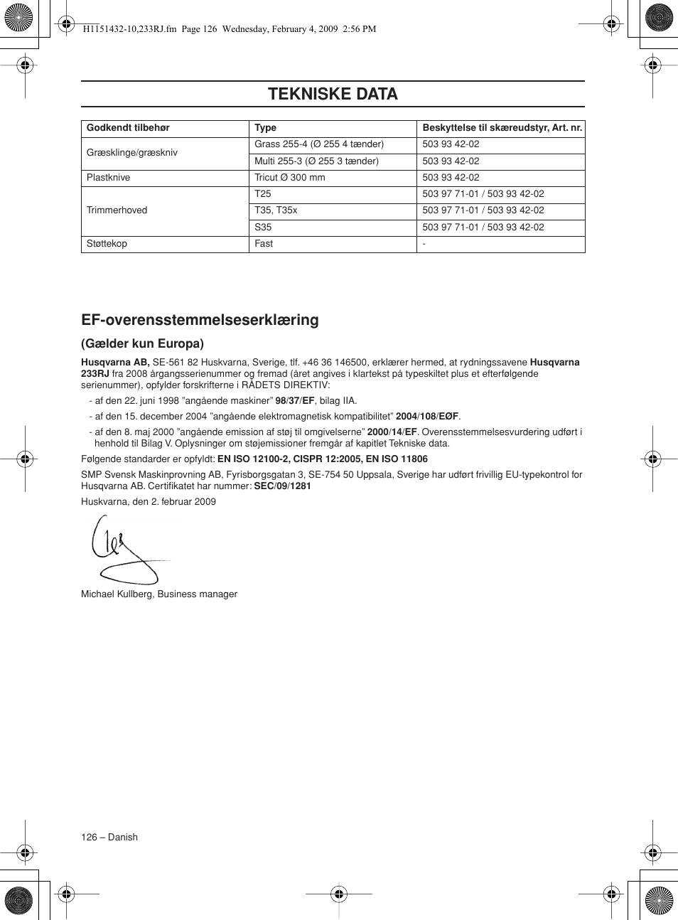 Ef-overensstemmelseserklæring, Gælder kun europa), Tekniske data | Husqvarna 233RJ User Manual | Page 126 / 212
