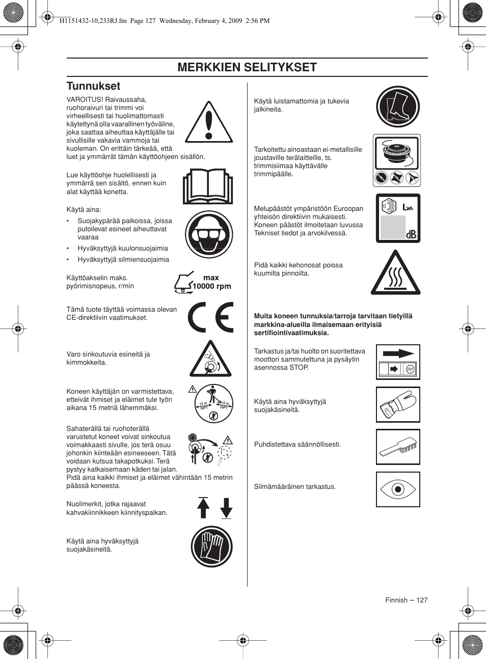 Tunnukset, Merkkien selitykset | Husqvarna 233RJ User Manual | Page 127 / 212