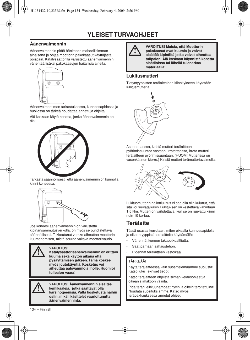 Äänenvaimennin, Lukitusmutteri, Terälaite | Yleiset turvaohjeet | Husqvarna 233RJ User Manual | Page 134 / 212