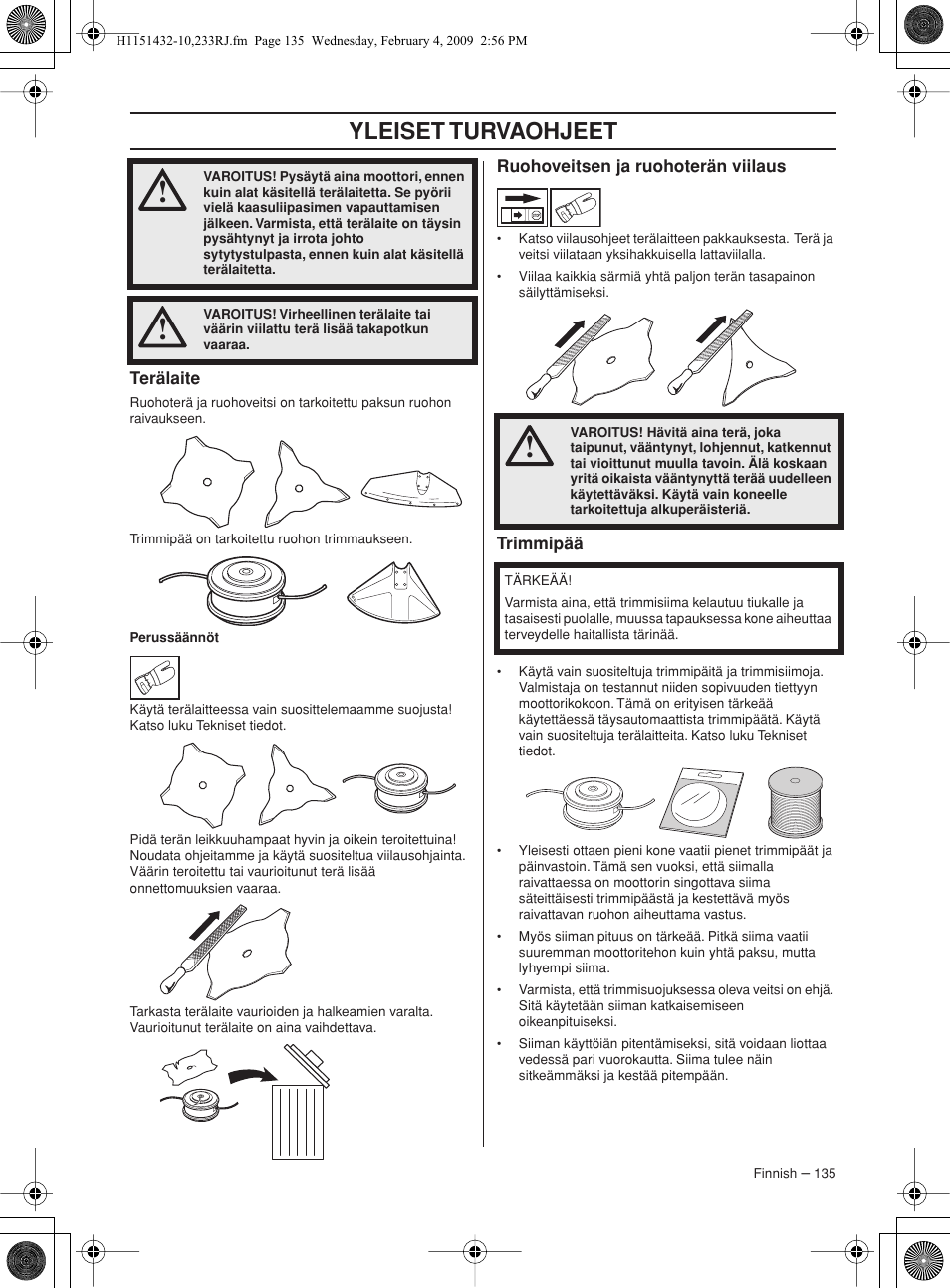 Terälaite, Ruohoveitsen ja ruohoterän viilaus, Trimmipää | Yleiset turvaohjeet | Husqvarna 233RJ User Manual | Page 135 / 212