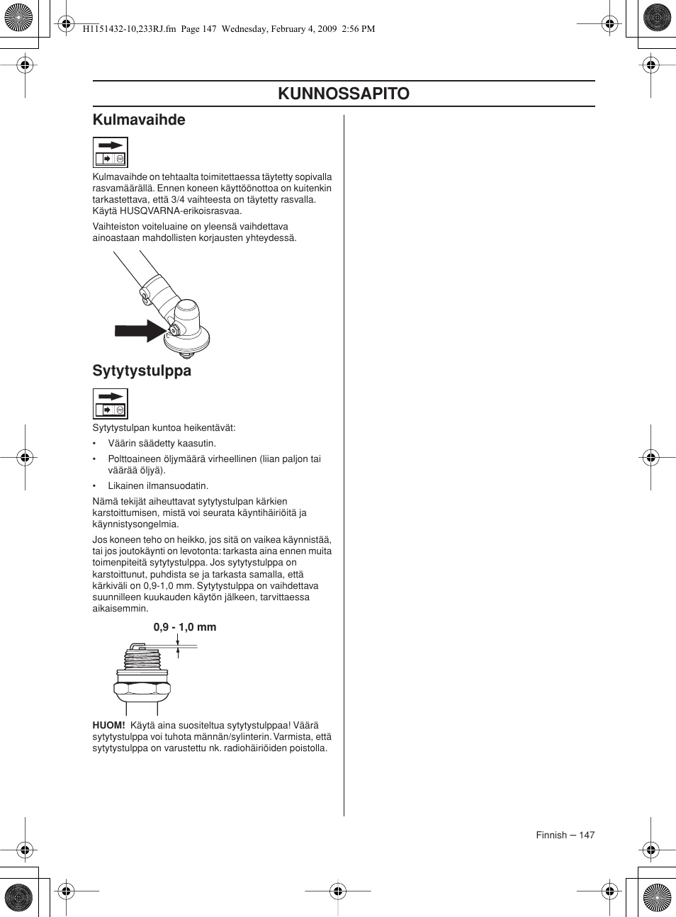 Kulmavaihde, Sytytystulppa, Kunnossapito | Husqvarna 233RJ User Manual | Page 147 / 212
