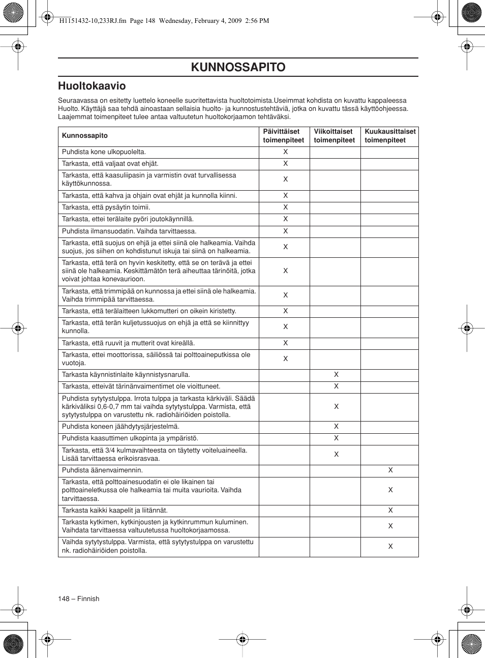 Huoltokaavio, Kunnossapito | Husqvarna 233RJ User Manual | Page 148 / 212