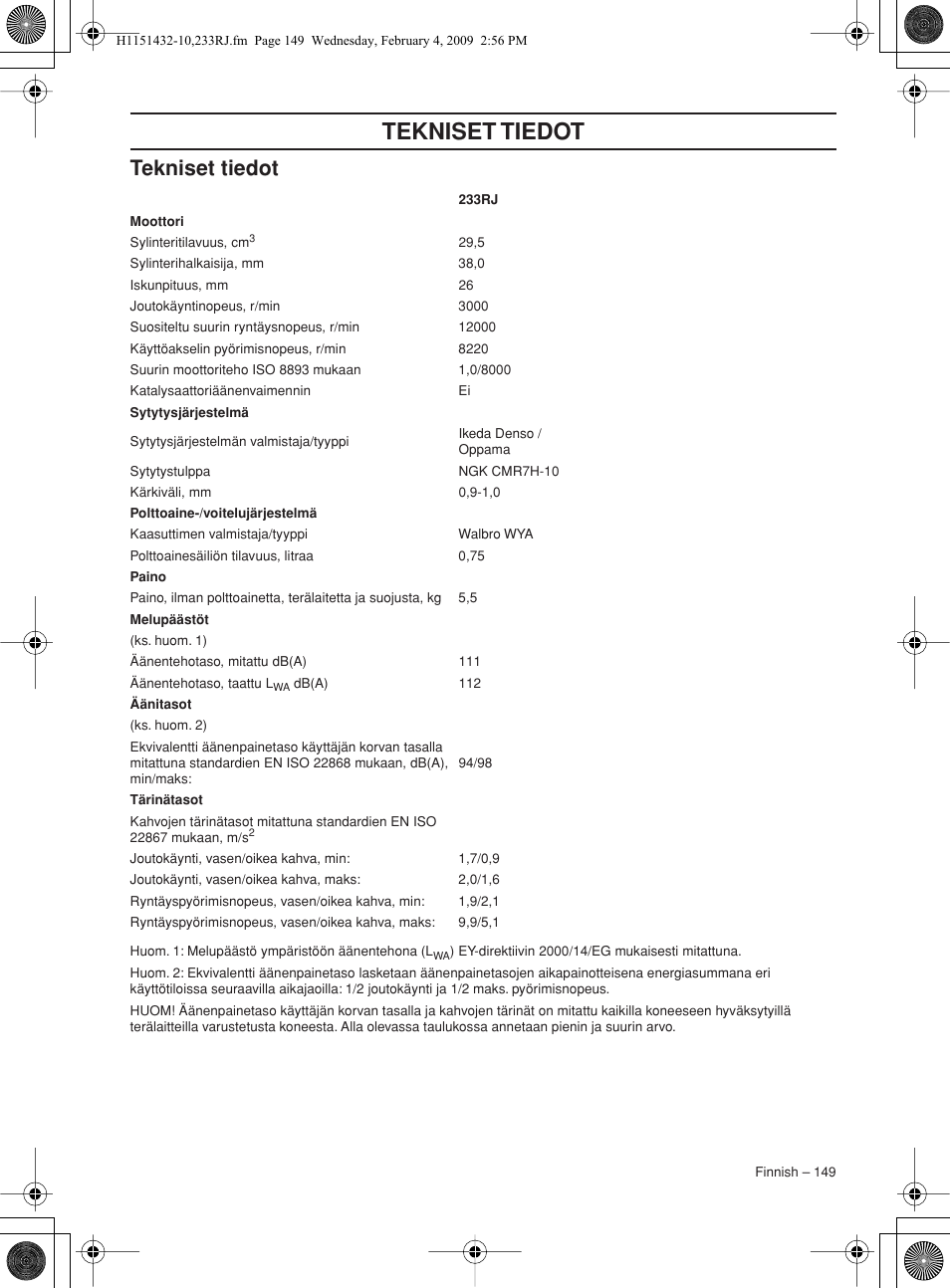 Tekniset tiedot | Husqvarna 233RJ User Manual | Page 149 / 212