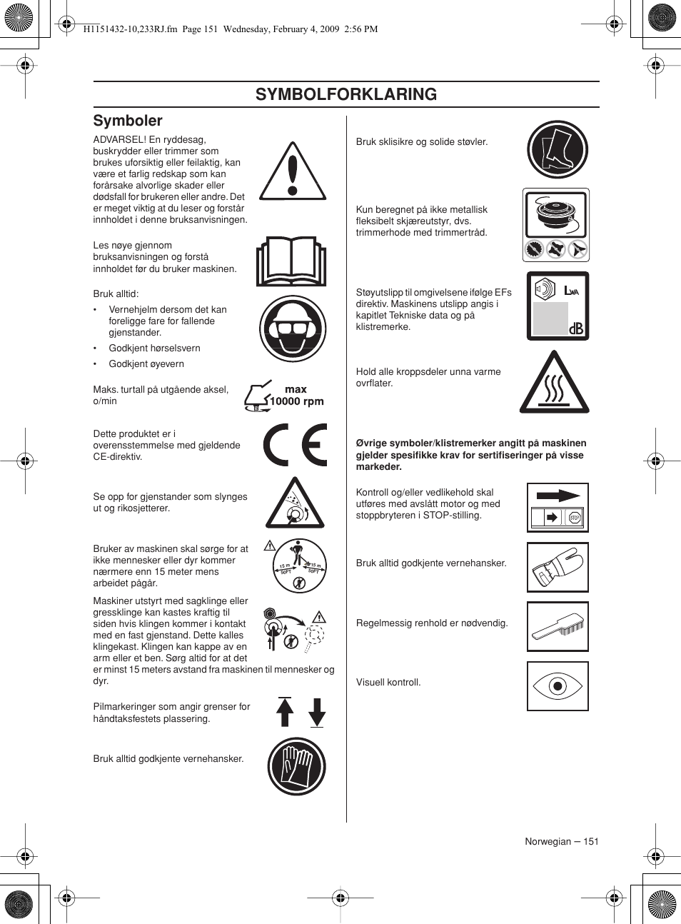 Symboler, Symbolforklaring | Husqvarna 233RJ User Manual | Page 151 / 212