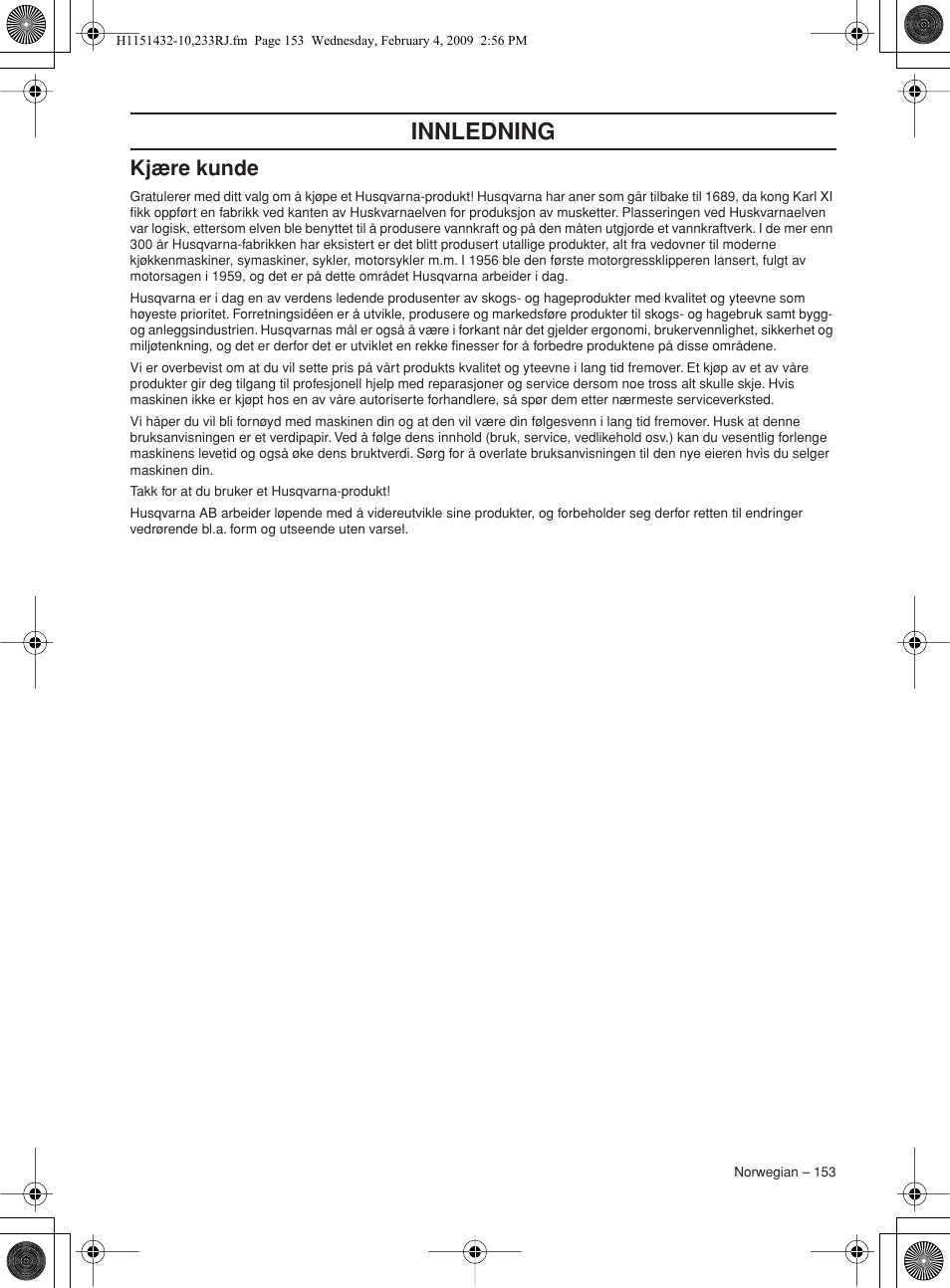 Kjære kunde, Innledning | Husqvarna 233RJ User Manual | Page 153 / 212