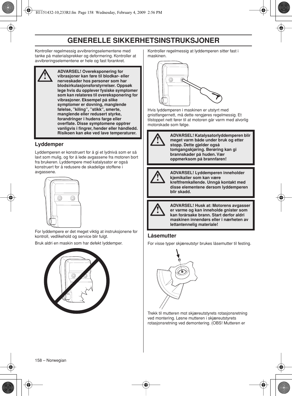 Lyddemper, Låsemutter, Generelle sikkerhetsinstruksjoner | Husqvarna 233RJ User Manual | Page 158 / 212