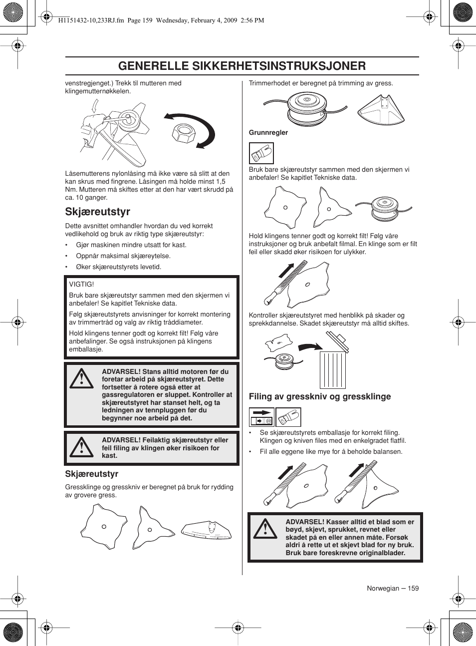 Skjæreutstyr, Filing av gresskniv og gressklinge, Generelle sikkerhetsinstruksjoner | Husqvarna 233RJ User Manual | Page 159 / 212