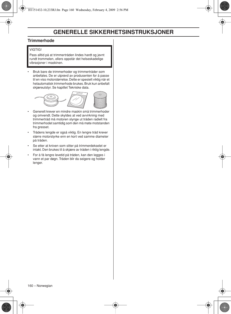 Trimmerhode, Generelle sikkerhetsinstruksjoner | Husqvarna 233RJ User Manual | Page 160 / 212