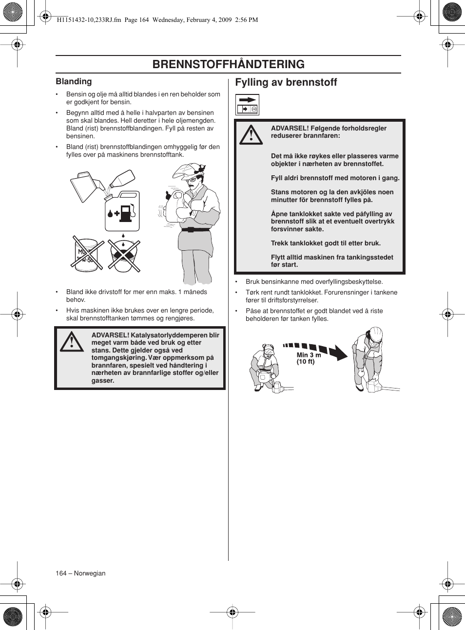 Blanding, Fylling av brennstoff, Brennstoffhåndtering | Husqvarna 233RJ User Manual | Page 164 / 212