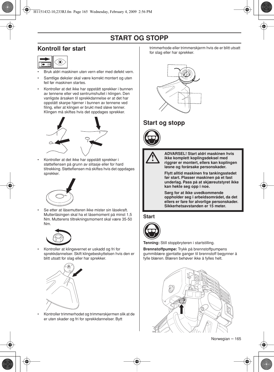 Kontroll før start, Start og stopp, Start | Husqvarna 233RJ User Manual | Page 165 / 212