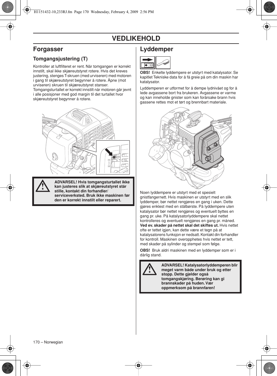 Forgasser, Tomgangsjustering (t), Lyddemper | Vedlikehold | Husqvarna 233RJ User Manual | Page 170 / 212
