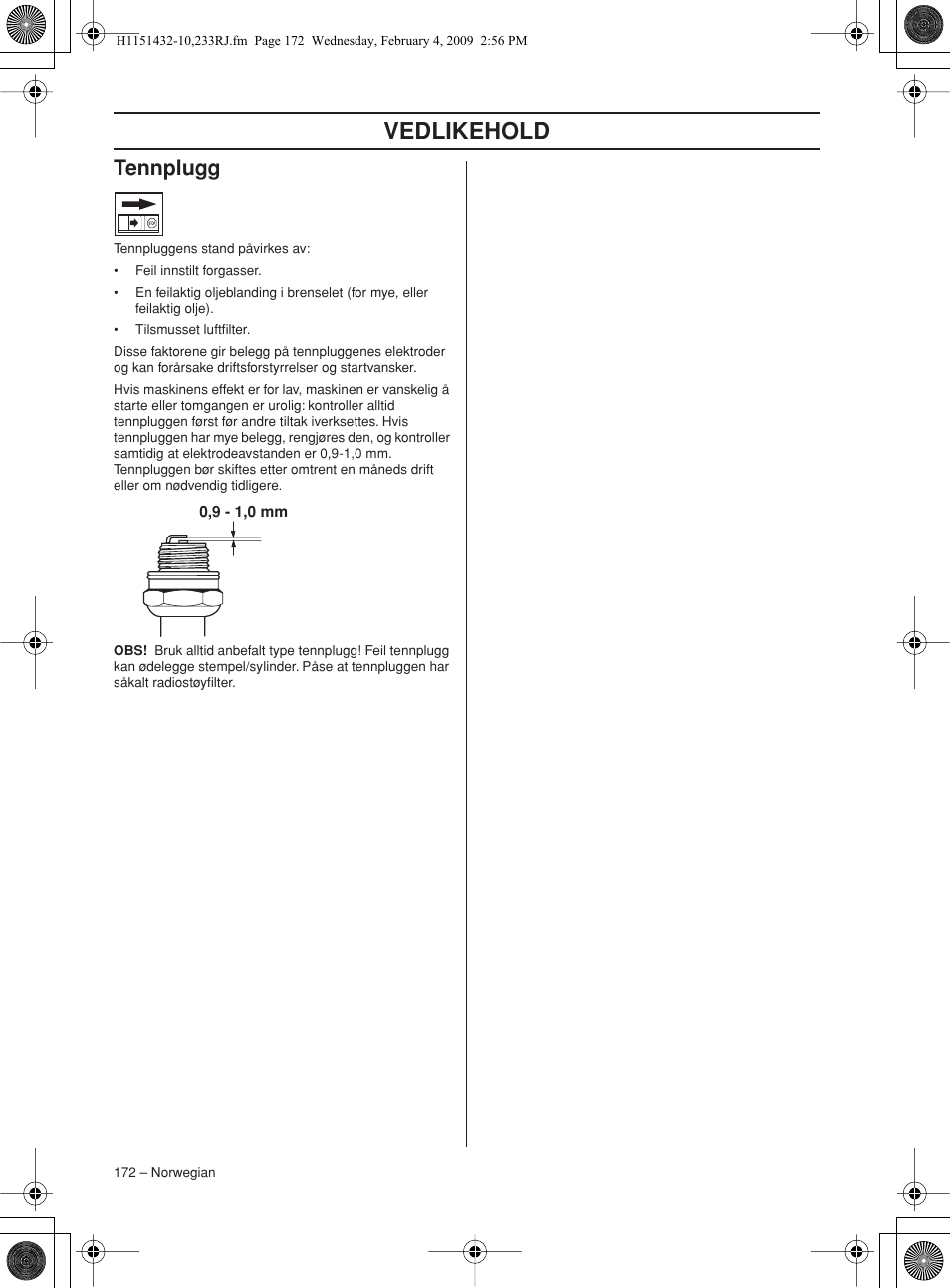 Tennplugg, Vedlikehold | Husqvarna 233RJ User Manual | Page 172 / 212