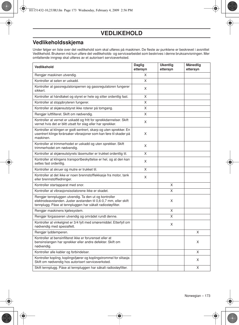 Vedlikeholdsskjema, Vedlikehold | Husqvarna 233RJ User Manual | Page 173 / 212
