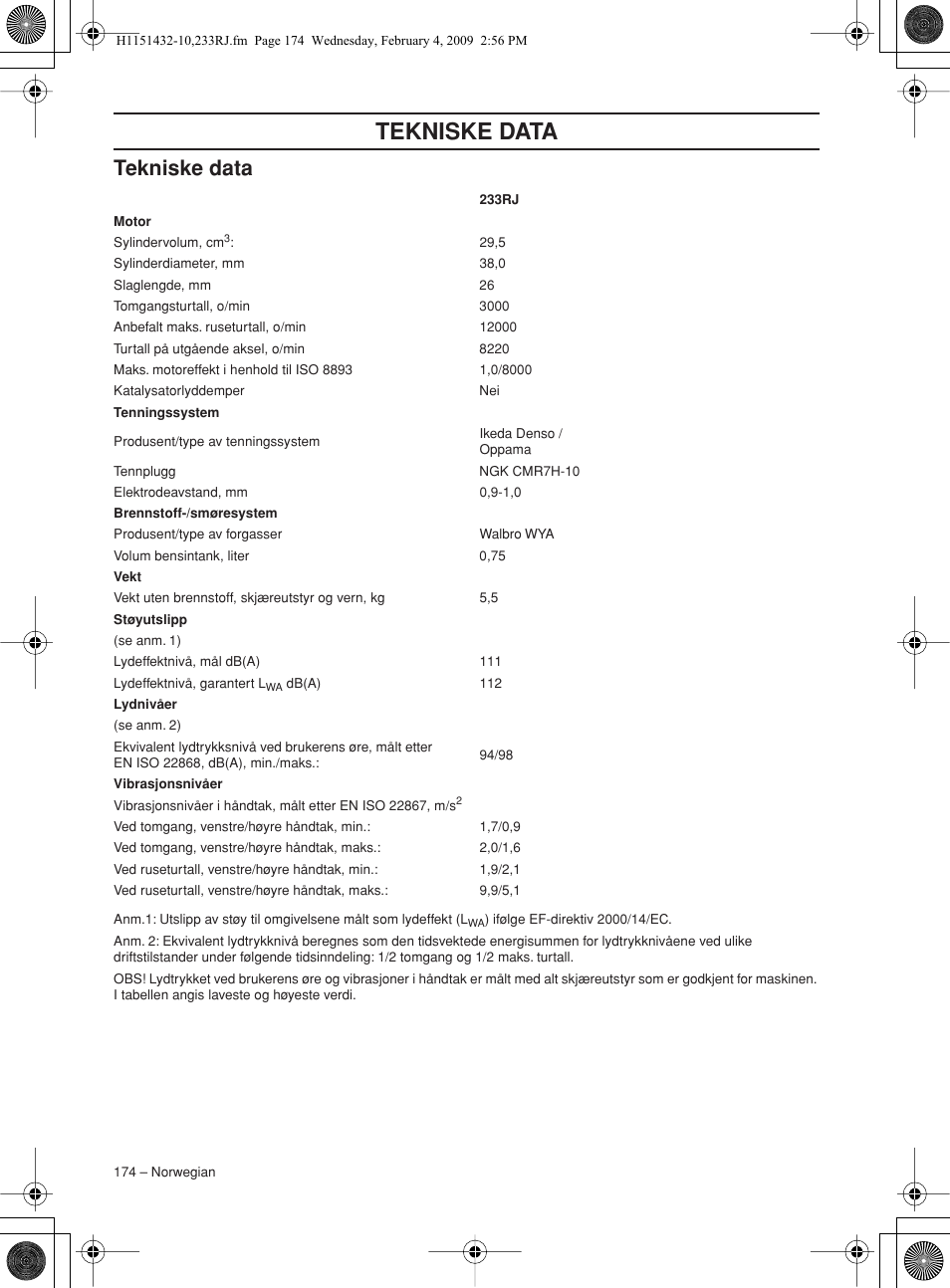 Tekniske data | Husqvarna 233RJ User Manual | Page 174 / 212