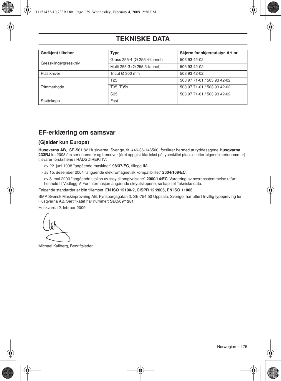 Ef-erklæring om samsvar, Gjelder kun europa), Tekniske data | Husqvarna 233RJ User Manual | Page 175 / 212