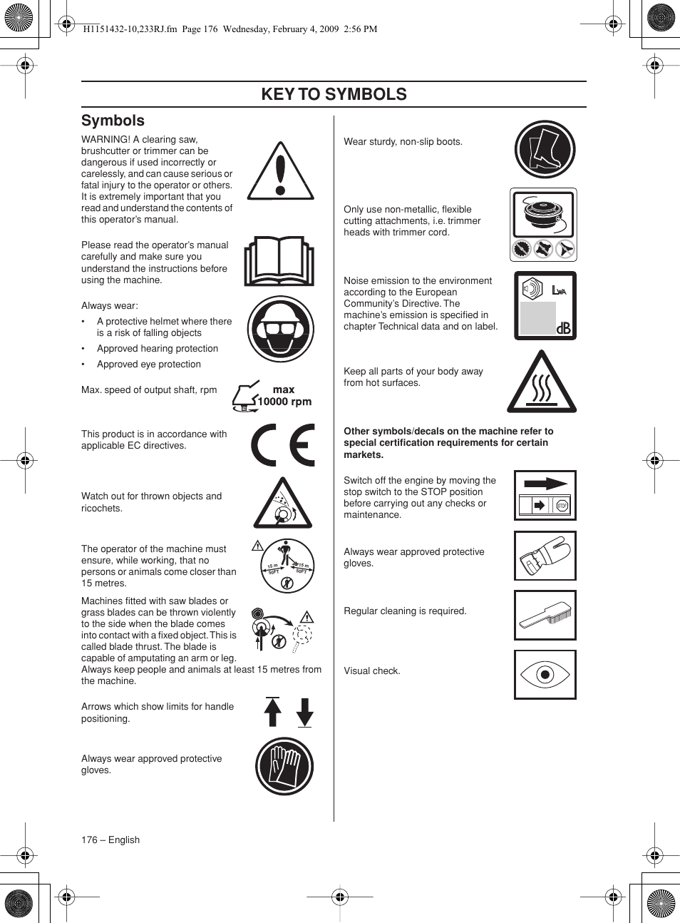 Symbols, Key to symbols | Husqvarna 233RJ User Manual | Page 176 / 212