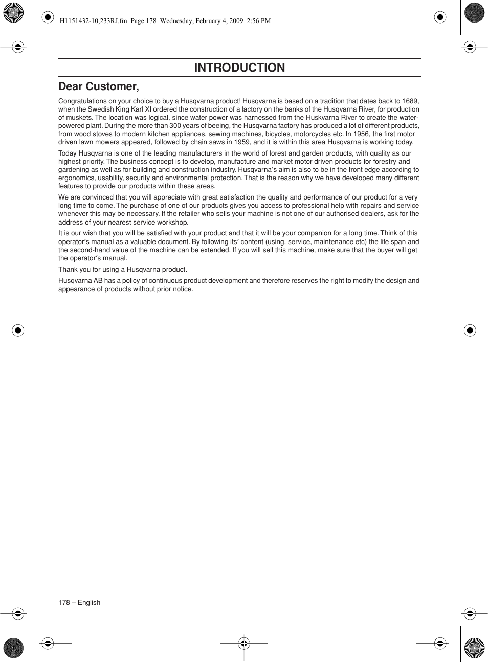 Dear customer, Introduction | Husqvarna 233RJ User Manual | Page 178 / 212