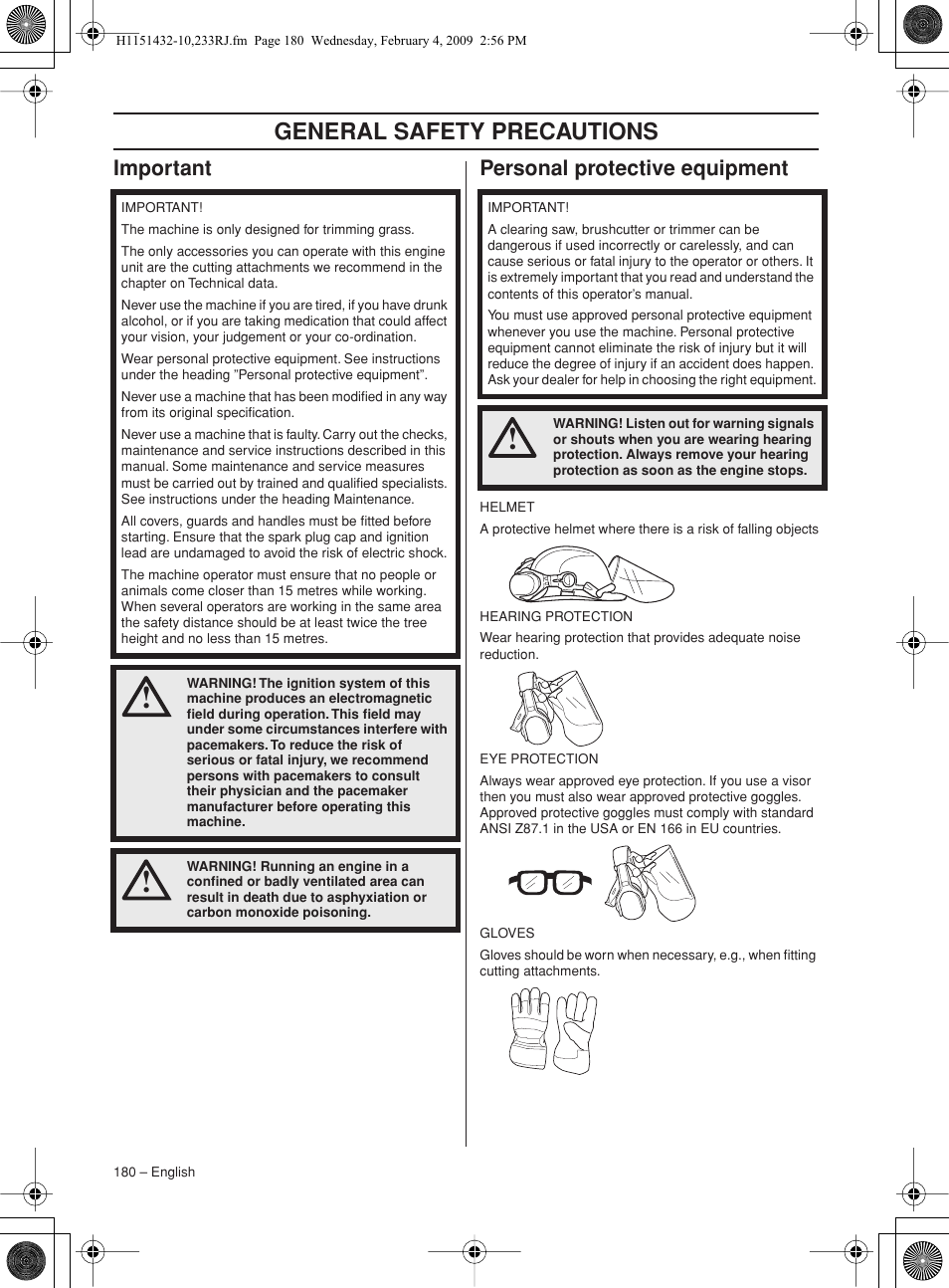 Important, Personal protective equipment, General safety precautions | Important personal protective equipment | Husqvarna 233RJ User Manual | Page 180 / 212