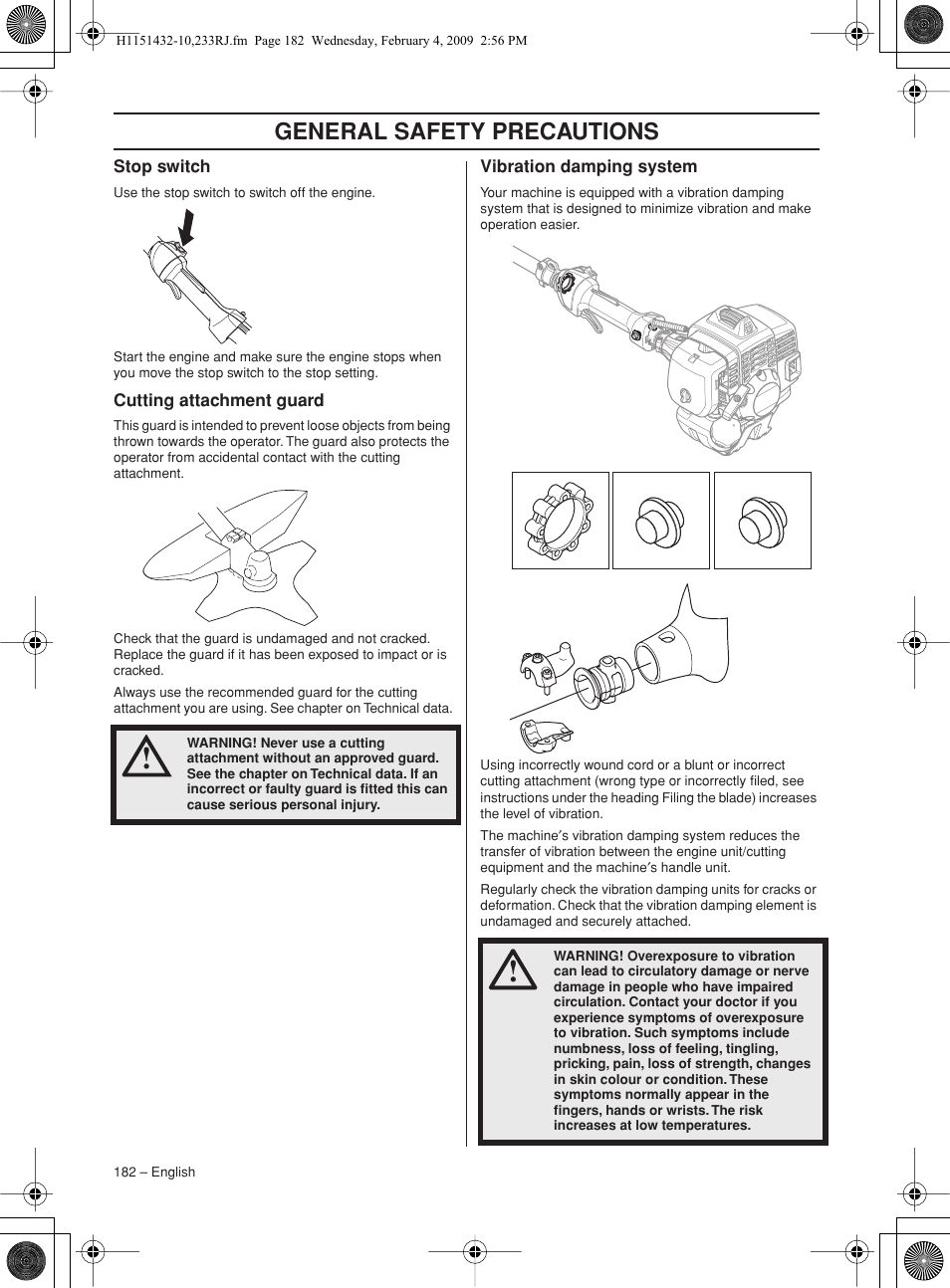 Stop switch, Cutting attachment guard, Vibration damping system | General safety precautions | Husqvarna 233RJ User Manual | Page 182 / 212