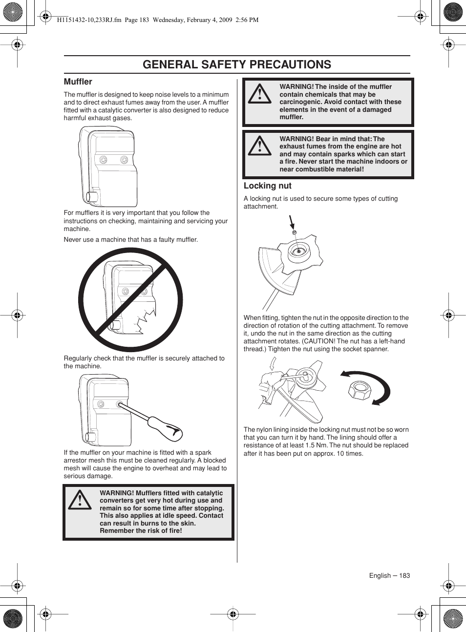 Muffler, Locking nut, General safety precautions | Husqvarna 233RJ User Manual | Page 183 / 212