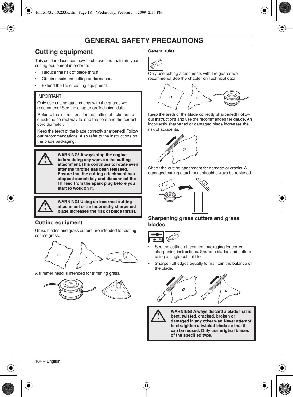 Cutting equipment, Sharpening grass cutters and grass blades, General safety precautions | Husqvarna 233RJ User Manual | Page 184 / 212