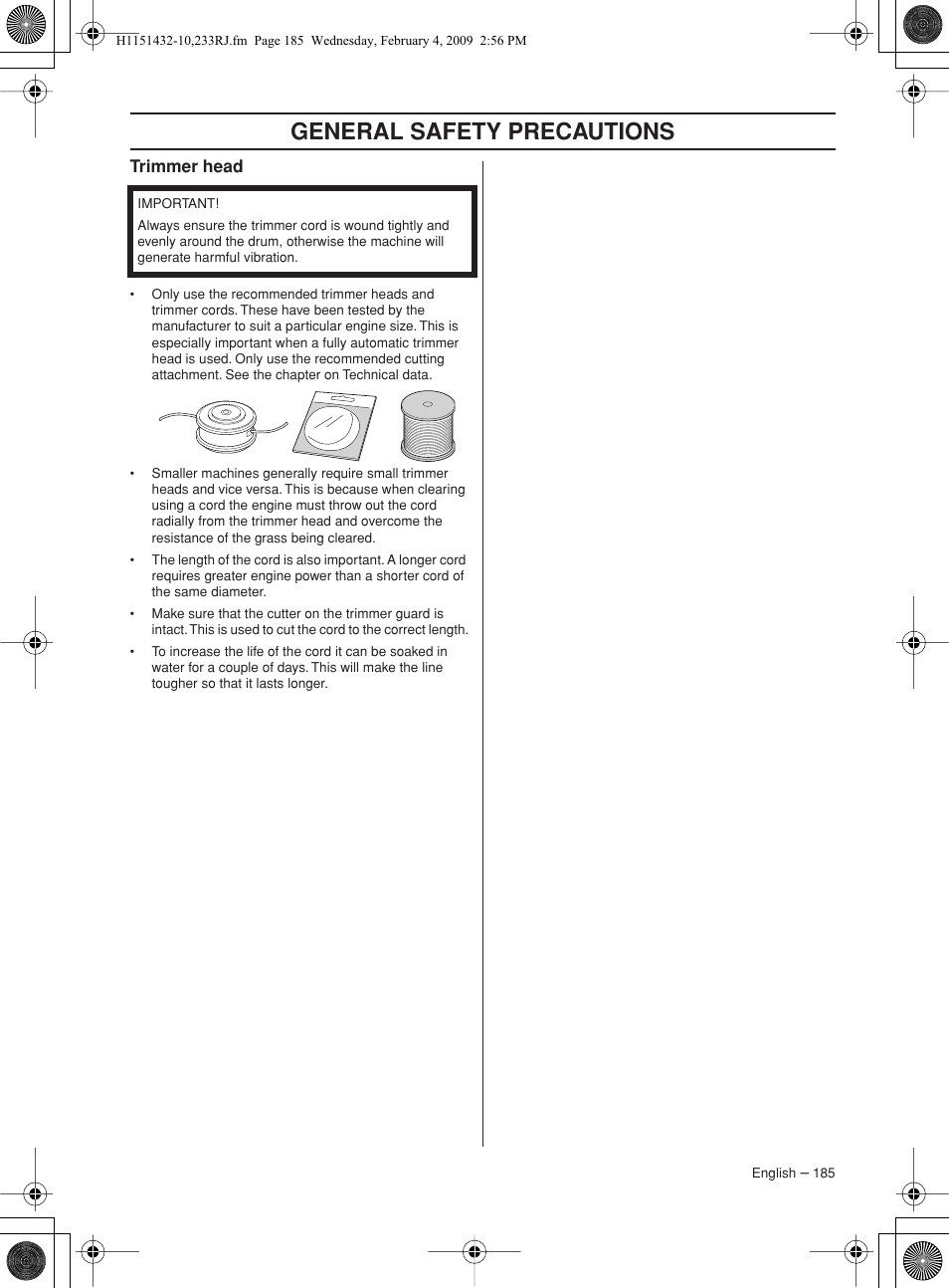 Trimmer head, General safety precautions | Husqvarna 233RJ User Manual | Page 185 / 212