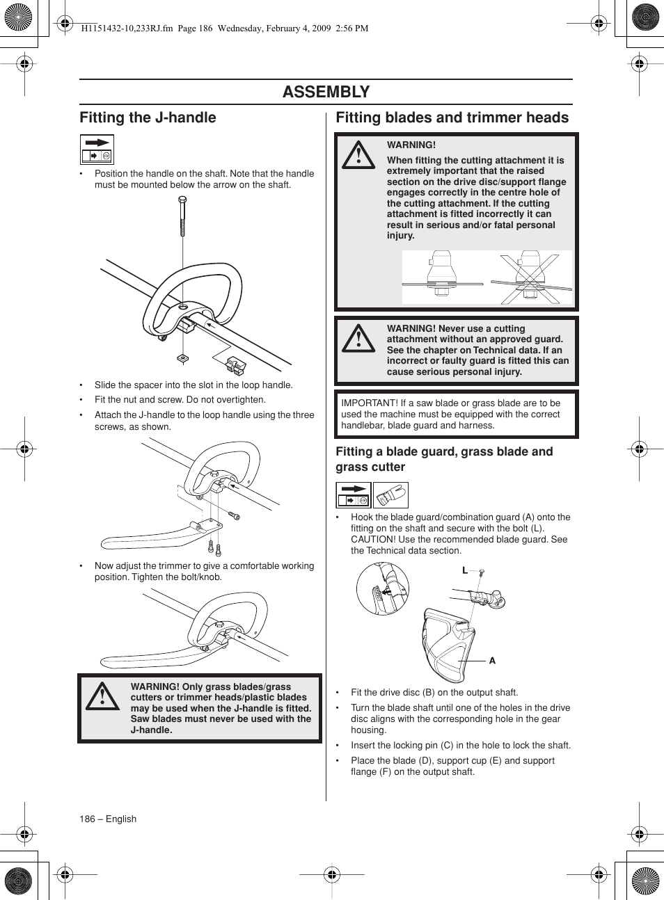 Fitting the j-handle, Fitting blades and trimmer heads, Assembly | Husqvarna 233RJ User Manual | Page 186 / 212