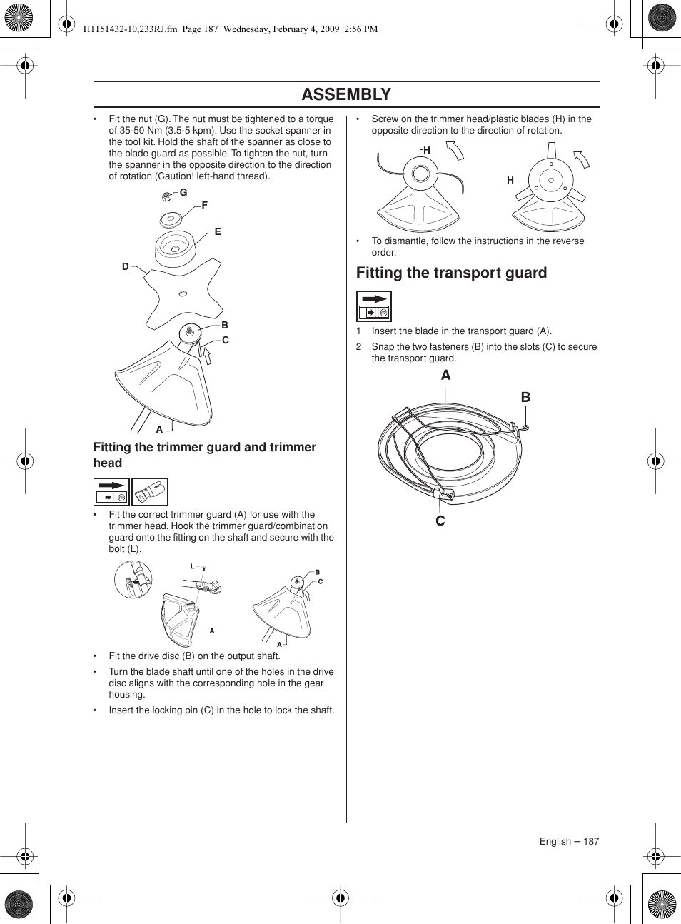 Fitting the trimmer guard and trimmer head, Fitting the transport guard, Assembly | Husqvarna 233RJ User Manual | Page 187 / 212