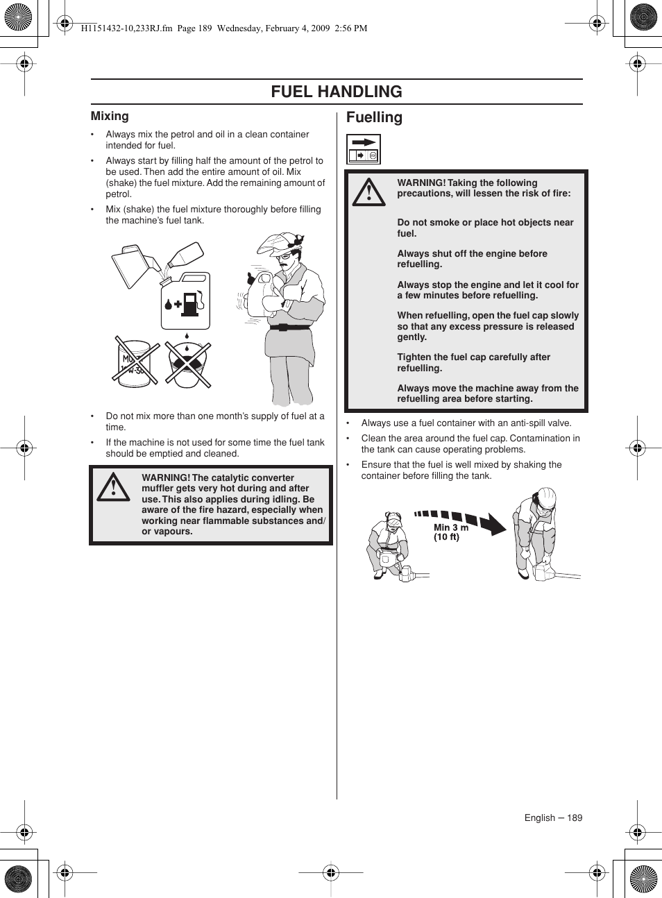 Mixing, Fuelling, Fuel handling | Husqvarna 233RJ User Manual | Page 189 / 212