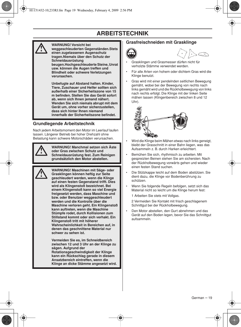 Grundlegende arbeitstechnik, Grasfreischneiden mit grasklinge, Arbeitstechnik | Husqvarna 233RJ User Manual | Page 19 / 212