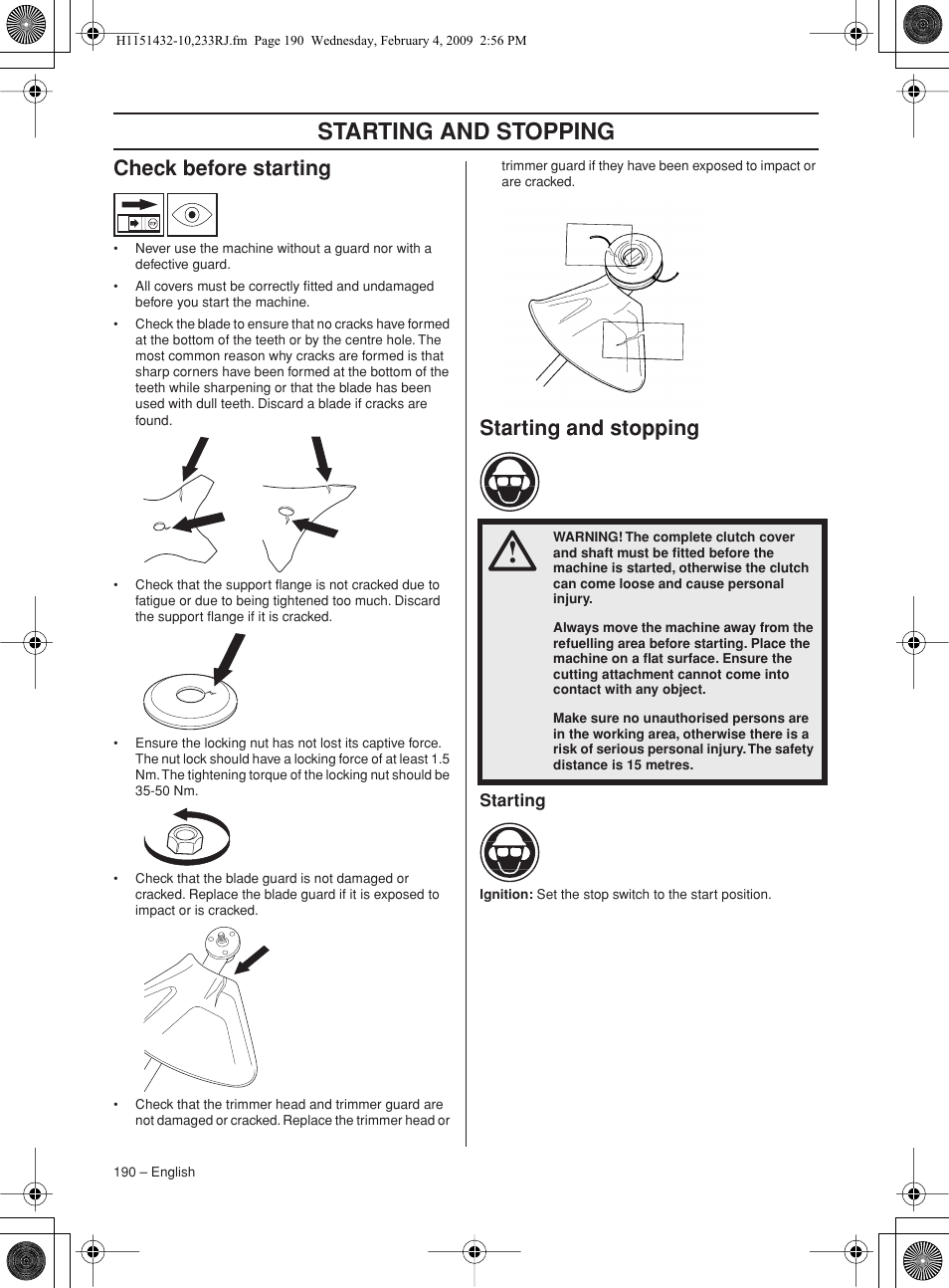 Check before starting, Starting and stopping, Starting | Husqvarna 233RJ User Manual | Page 190 / 212