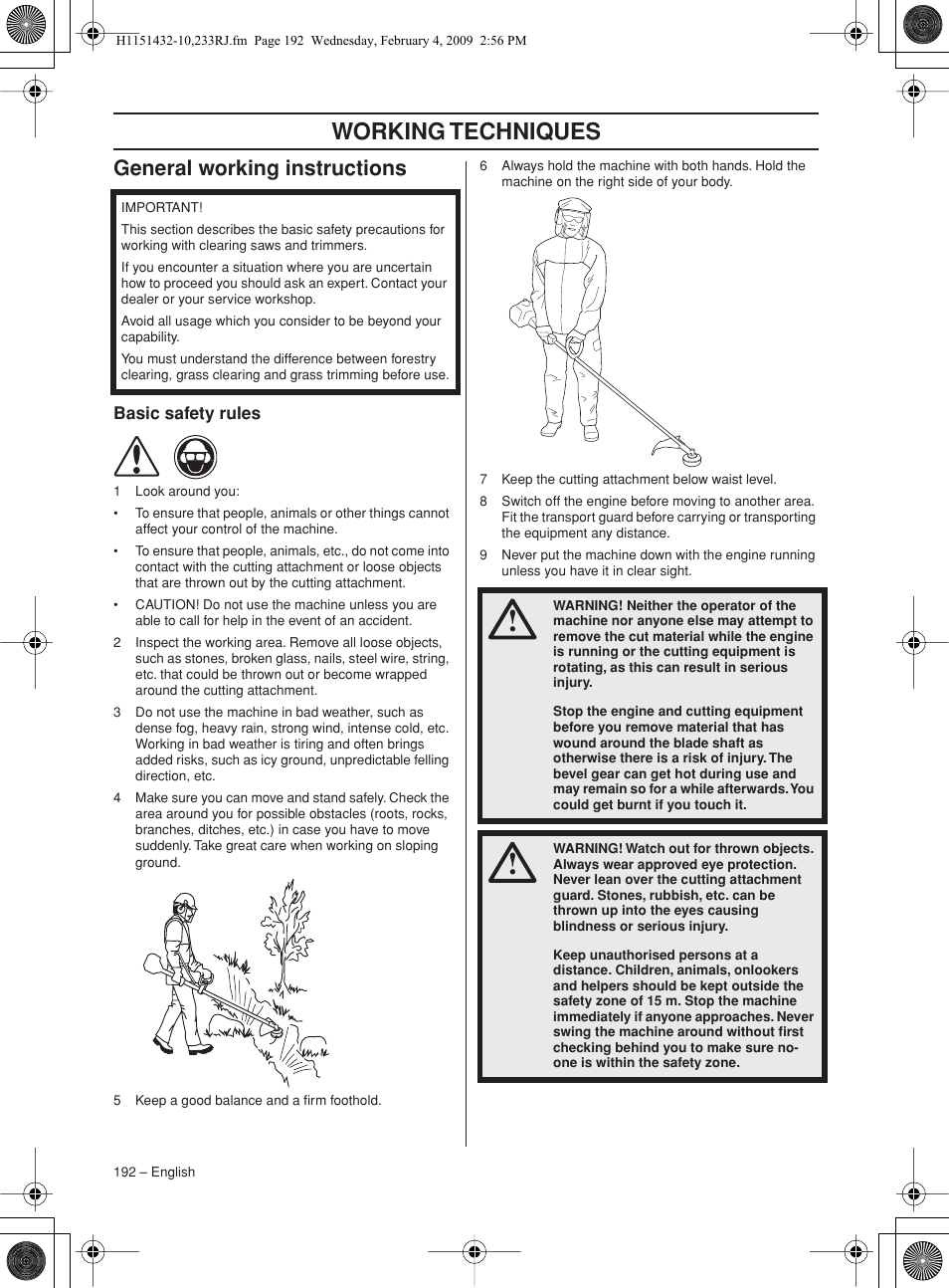 General working instructions, Basic safety rules, Working techniques | Husqvarna 233RJ User Manual | Page 192 / 212
