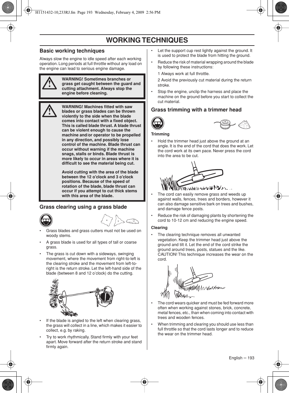 Basic working techniques, Grass clearing using a grass blade, Grass trimming with a trimmer head | Working techniques | Husqvarna 233RJ User Manual | Page 193 / 212