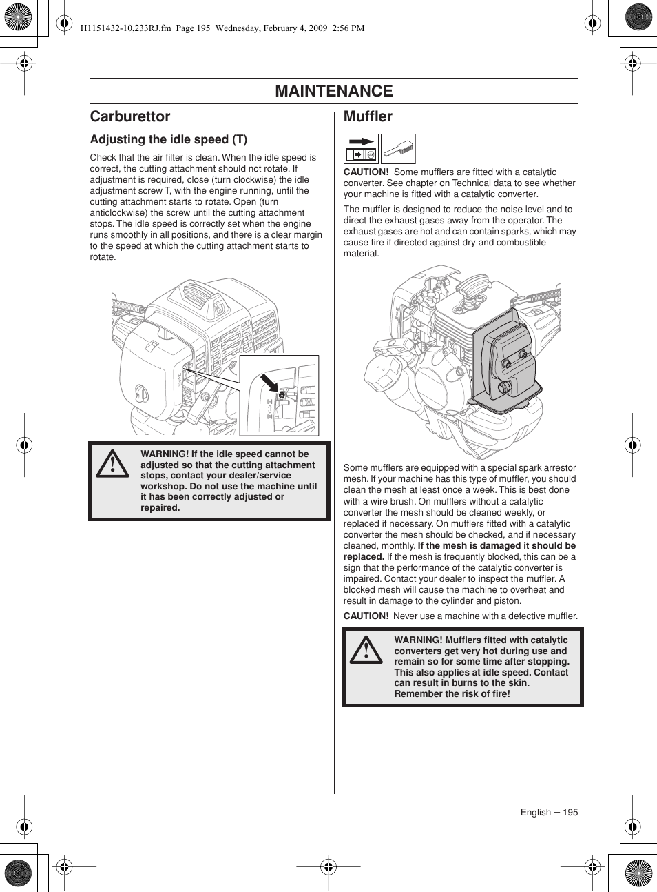 Carburettor, Adjusting the idle speed (t), Muffler | Maintenance | Husqvarna 233RJ User Manual | Page 195 / 212