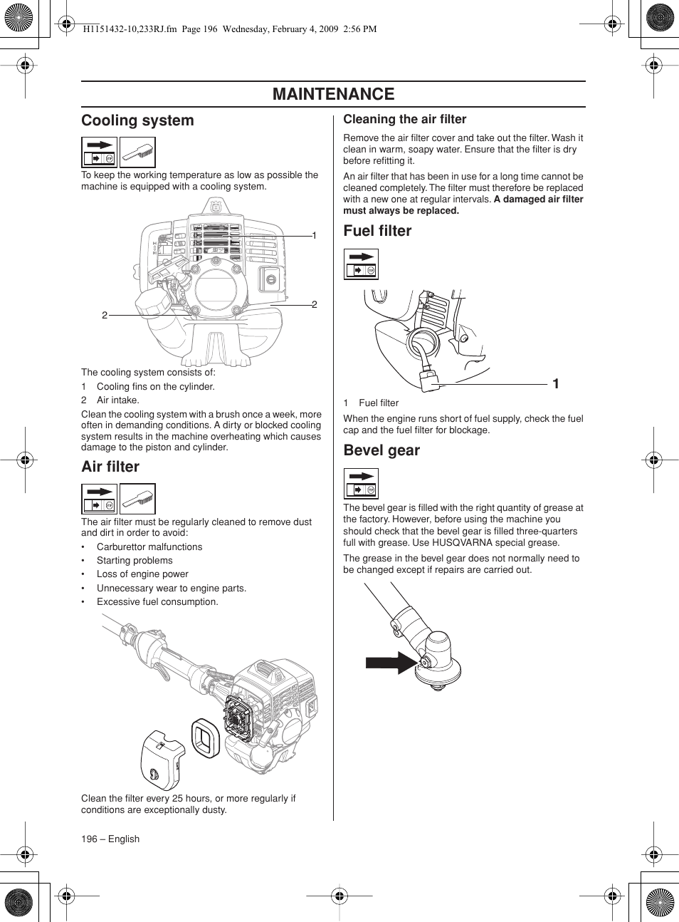 Cooling system, Air filter, Cleaning the air filter | Fuel filter, Bevel gear, Maintenance | Husqvarna 233RJ User Manual | Page 196 / 212