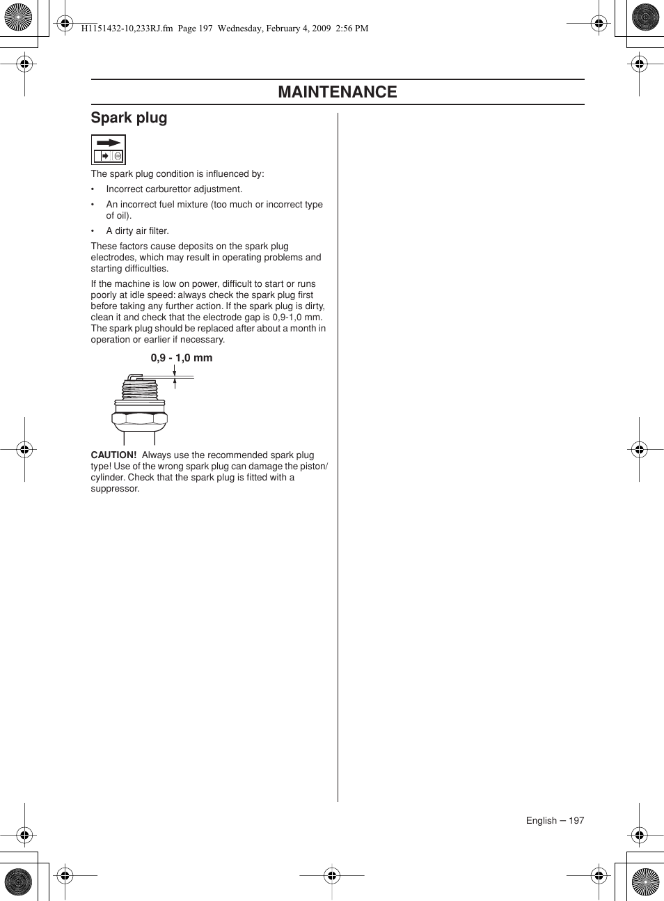 Spark plug, Maintenance | Husqvarna 233RJ User Manual | Page 197 / 212