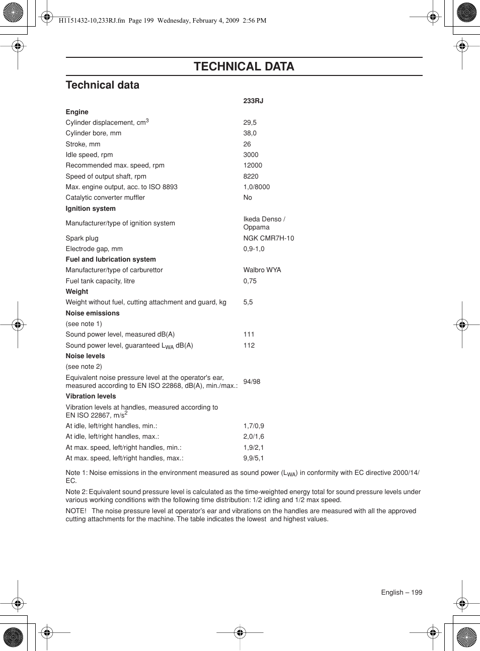 Technical data | Husqvarna 233RJ User Manual | Page 199 / 212