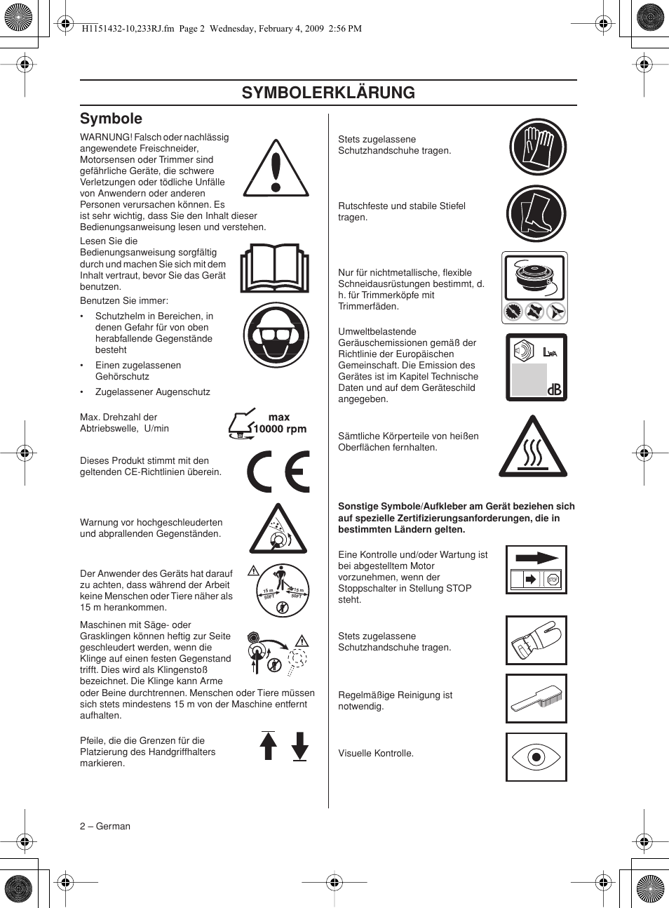 Symbole, Symbolerklär ung | Husqvarna 233RJ User Manual | Page 2 / 212