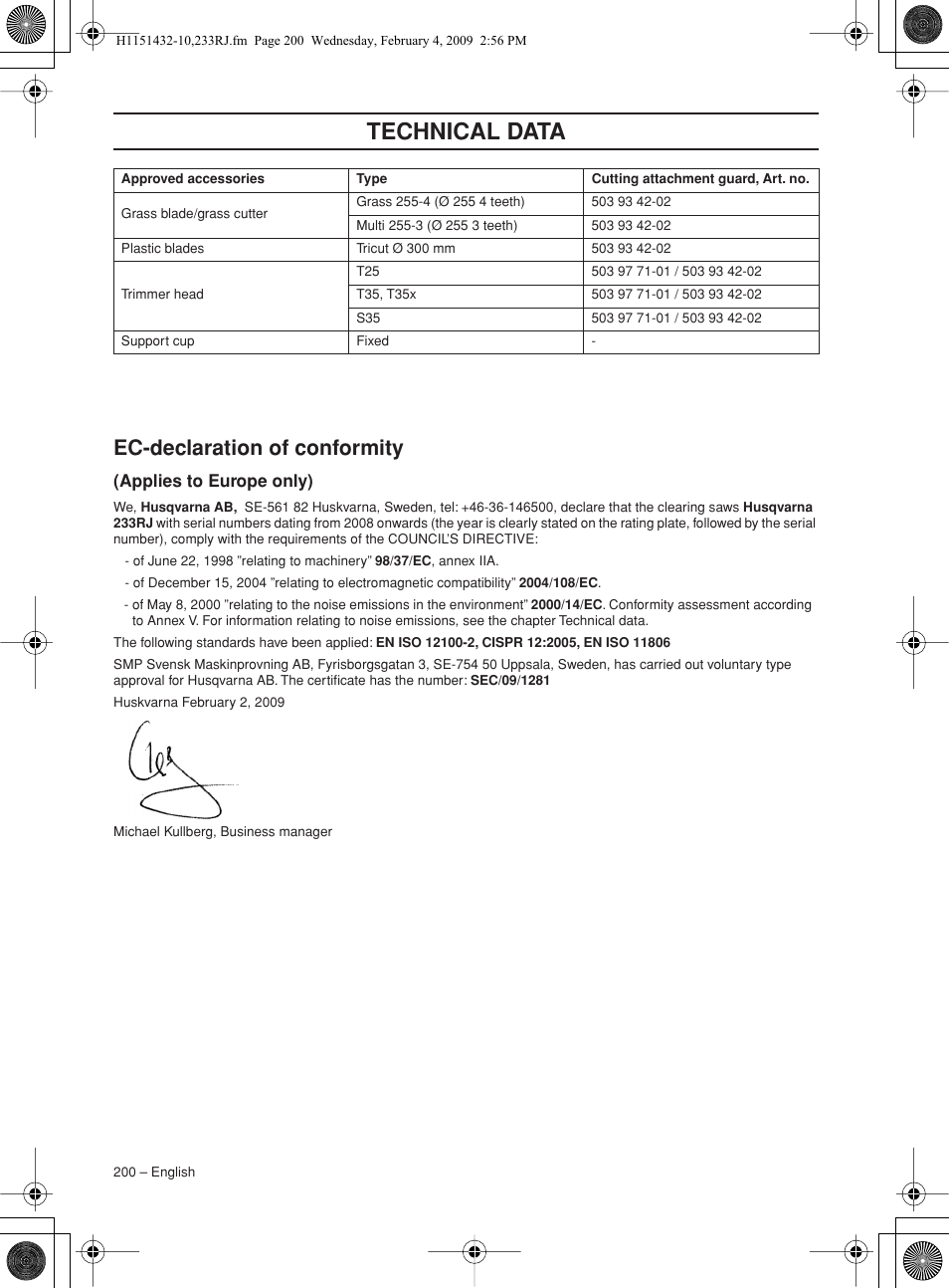 Ec-declaration of conformity, Applies to europe only), Technical data | Husqvarna 233RJ User Manual | Page 200 / 212