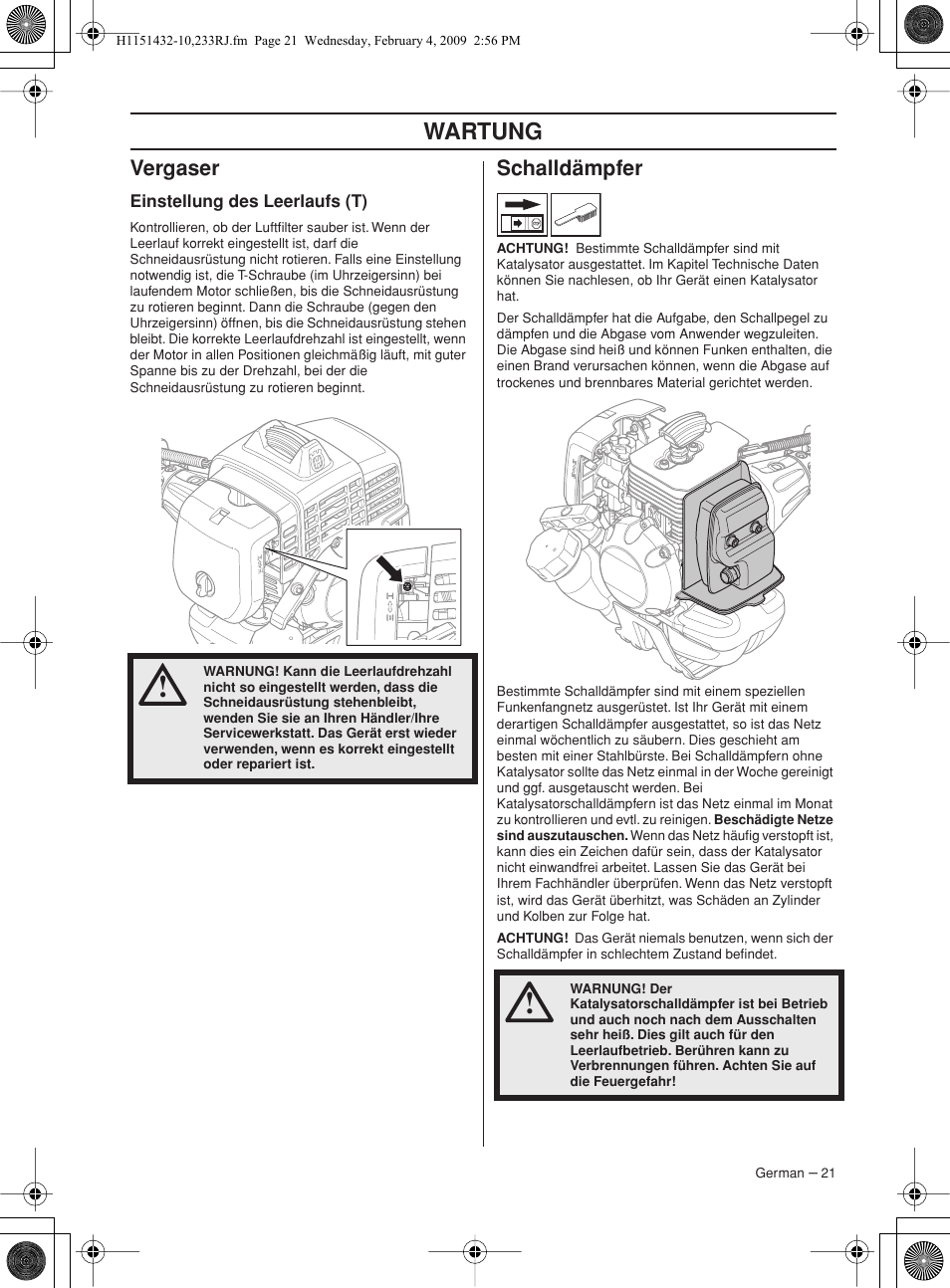 Vergaser, Einstellung des leerlaufs (t), Schalldämpfer | Wartung | Husqvarna 233RJ User Manual | Page 21 / 212