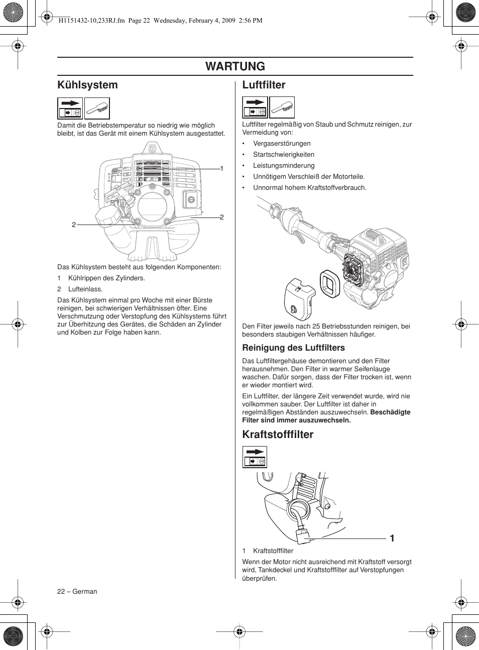 Kühlsystem, Luftfilter, Reinigung des luftfilters | Kraftstofffilter, Wartung | Husqvarna 233RJ User Manual | Page 22 / 212