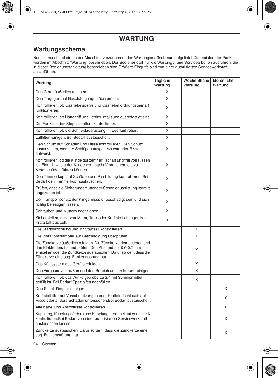 Wartungsschema, Wartung | Husqvarna 233RJ User Manual | Page 24 / 212
