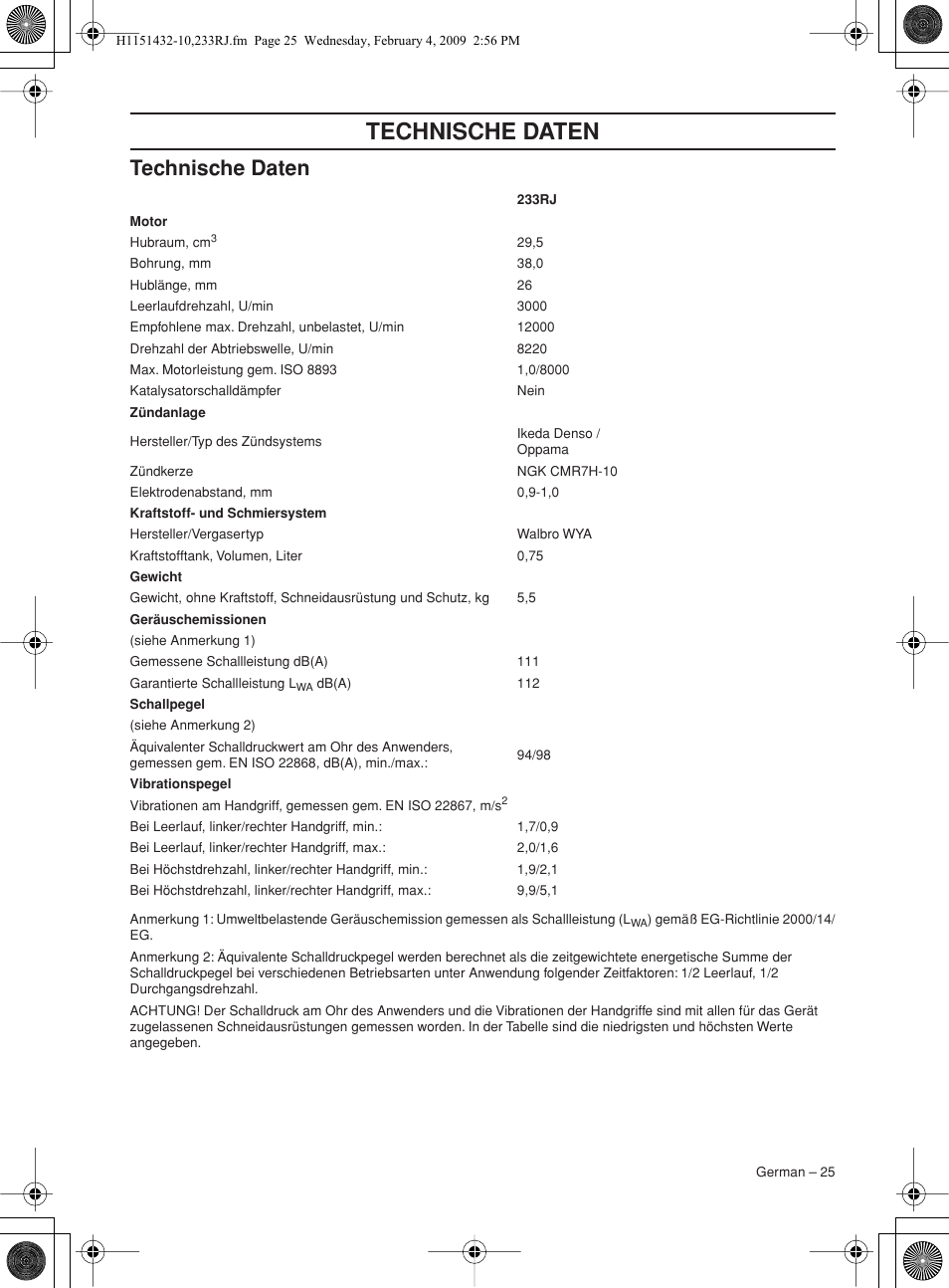 Technische daten | Husqvarna 233RJ User Manual | Page 25 / 212