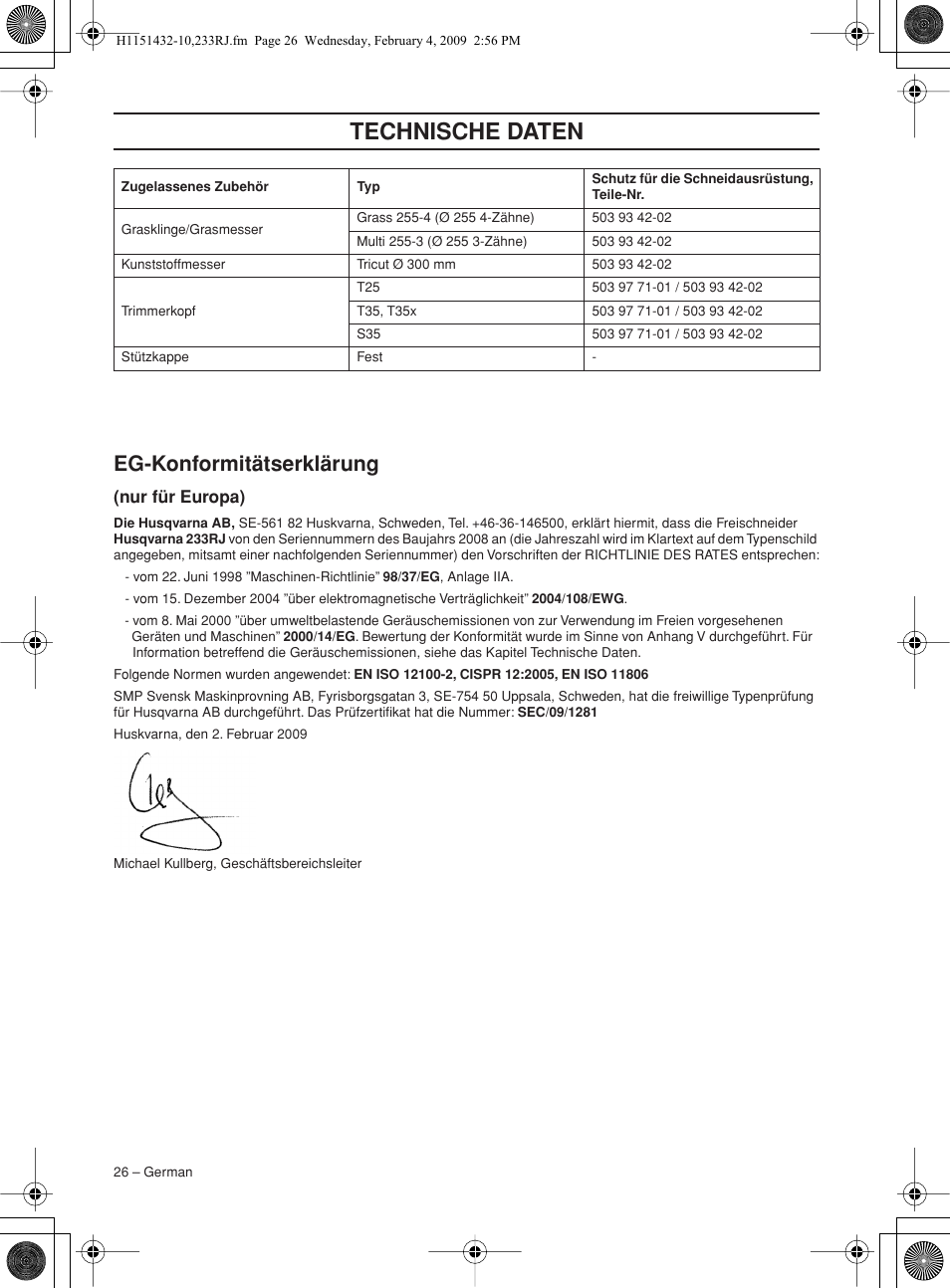 Eg-konformitätserklärung, Nur für europa), Technische daten | Husqvarna 233RJ User Manual | Page 26 / 212